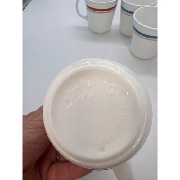 Set of 4 Vtg Corning Coffee Cups 8 oz Slate Blue/Gray: Rust/Brown Stripe D Handl - Picture 2 of 4